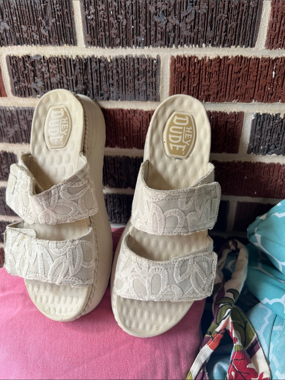 Hey Dude Cream Embroidered Double-Strap Platform Sandals